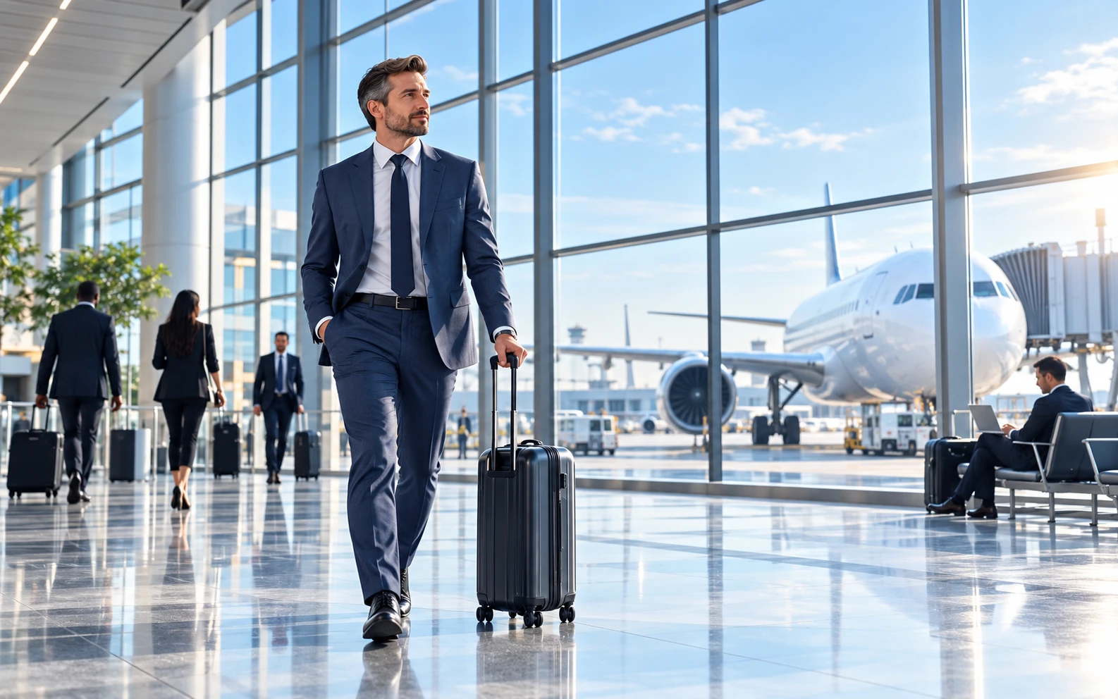 Executivo com mala caminhando pelo saguão do aeroporto