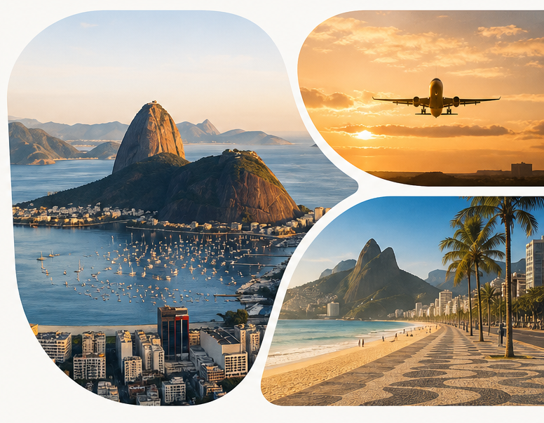 Paisagens do Rio de Janeiro e avião ao pôr do sol